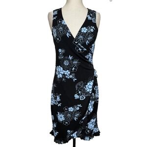 La Belle Dress Womens Sz M Black Blue Asian Floral Sleeveless Wrap Ruffle‎ Y2K